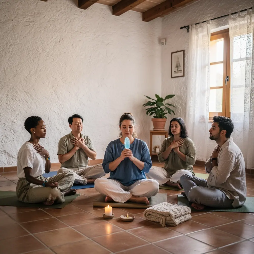Vista cercana de manos en posición de oración, enfocándose en la energía del chakra del corazón.