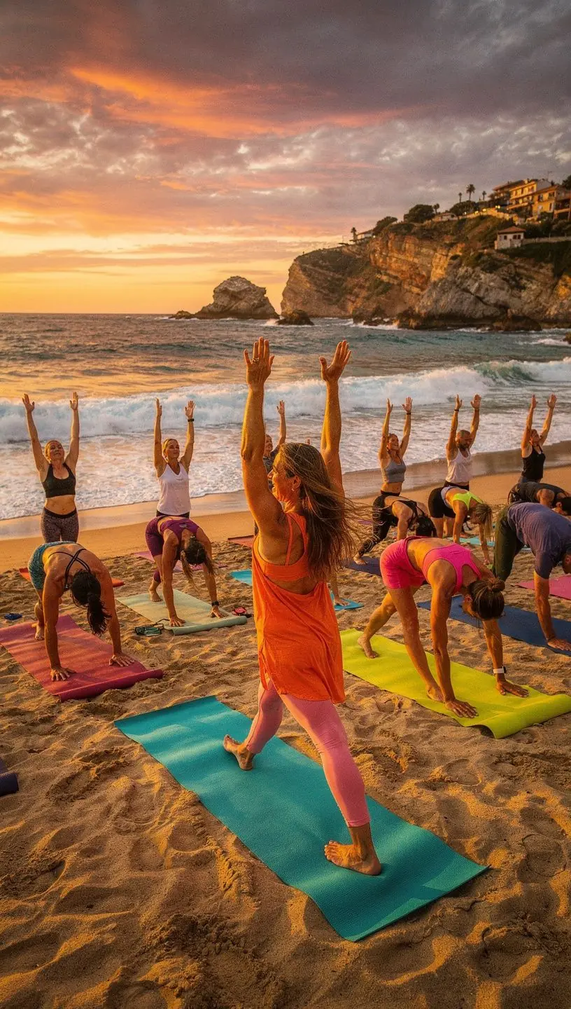 Grupo de participantes en una clase de yoga, concentrados en la alineación de sus chakras.