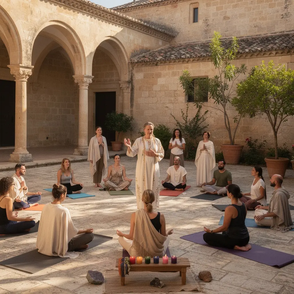 Grupo de participantes realizando ejercicios de alineación energética en un entorno tranquilo y sereno.