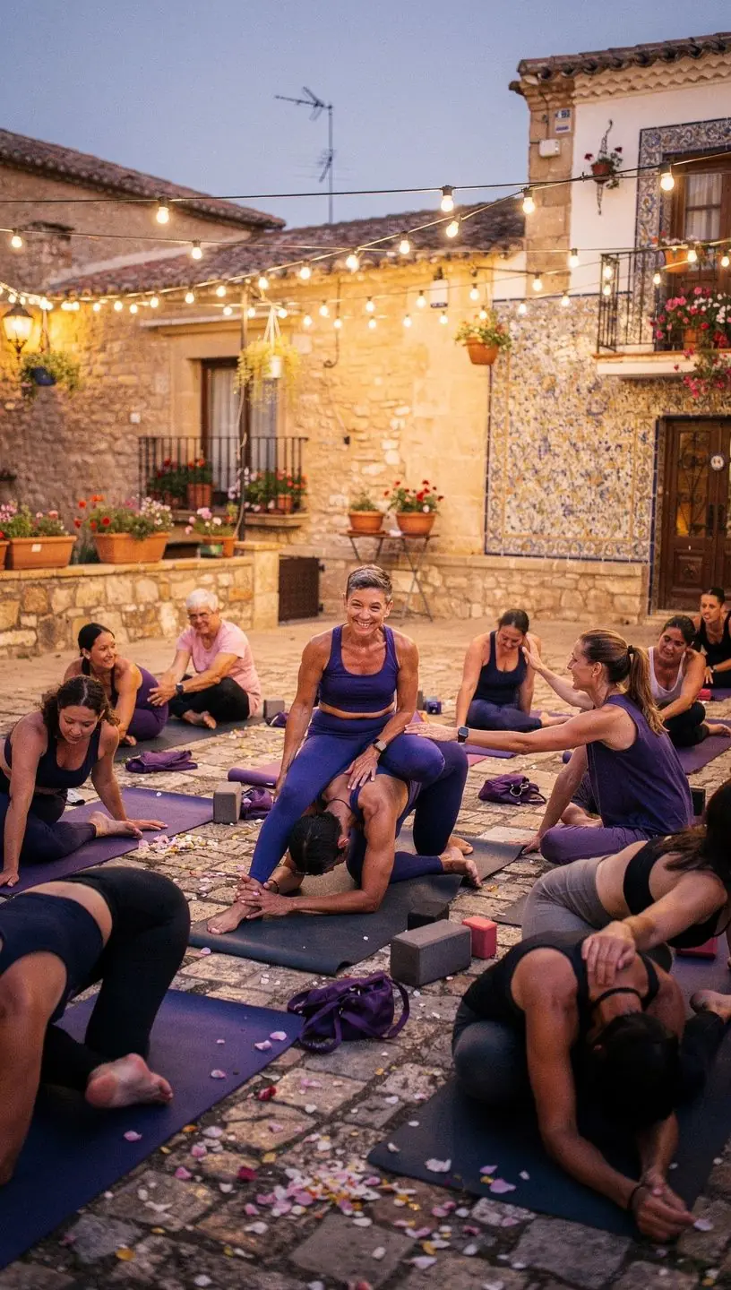 Grupo de participantes realizando ejercicios de alineación energética en un entorno tranquilo y sereno.
