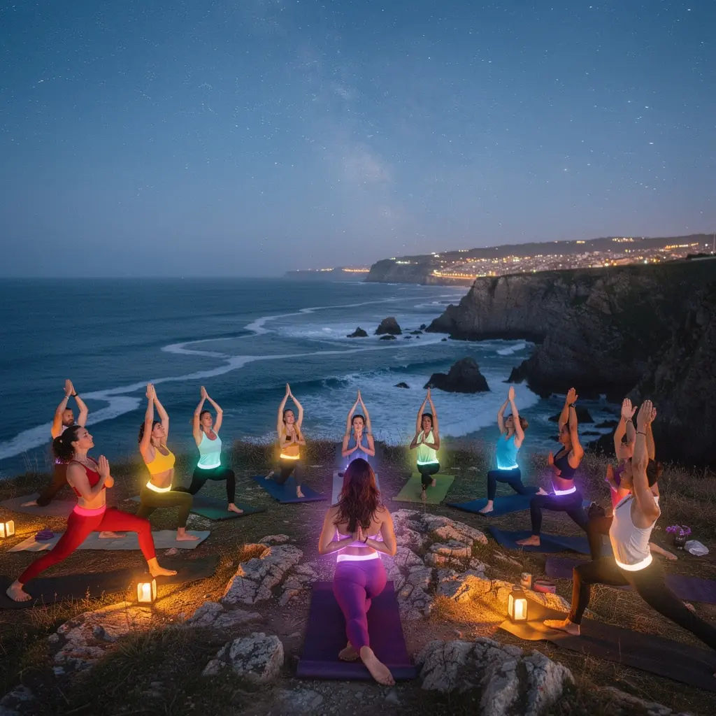 Grupo de participantes realizando ejercicios de alineación energética en un entorno tranquilo y sereno.