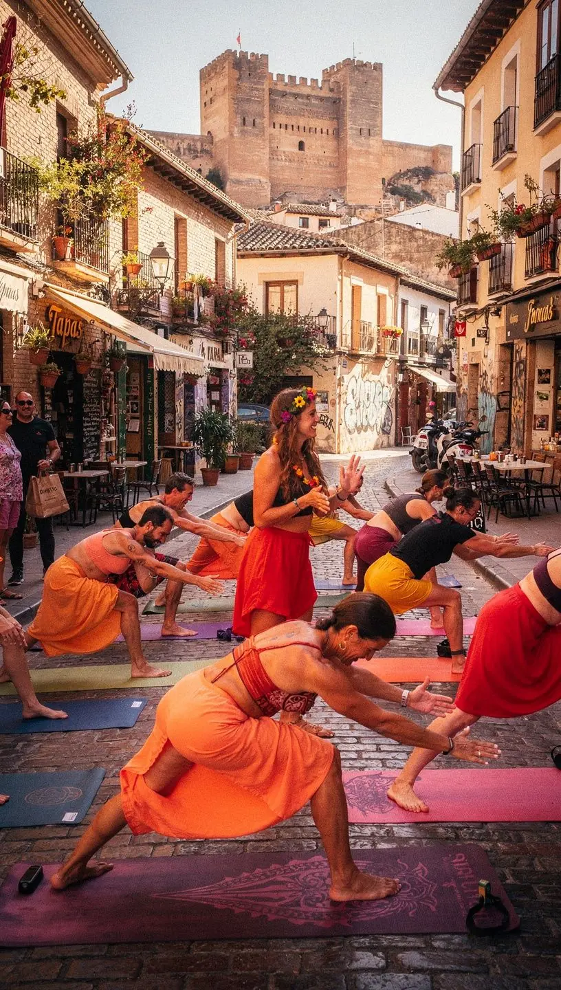 Grupo de participantes realizando ejercicios de alineación energética en un entorno tranquilo y sereno.