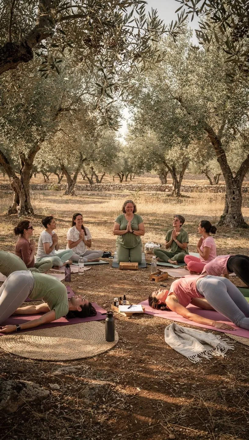 Grupo de participantes realizando ejercicios de alineación energética en un entorno tranquilo y sereno.