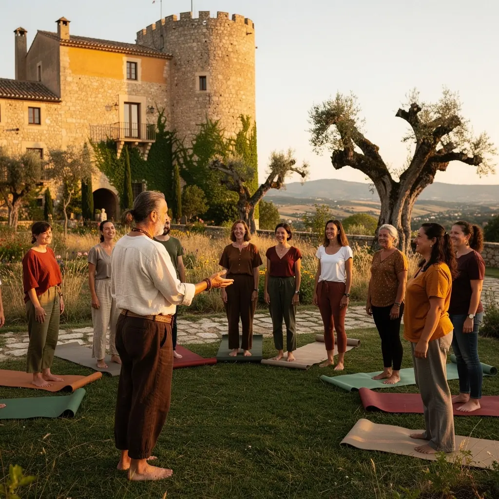 Grupo de participantes realizando ejercicios de alineación energética en un entorno tranquilo y sereno.